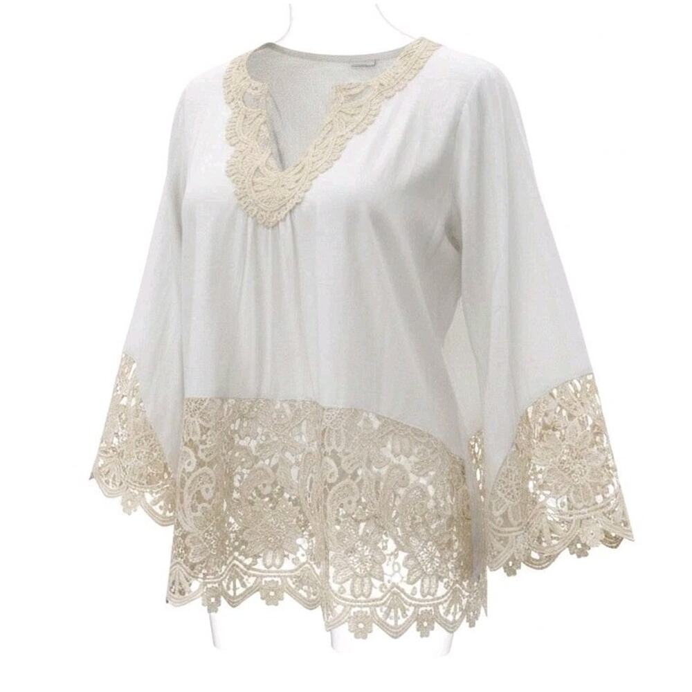 SoTeer Ivory Boho Crochet Neckline Casual Blouse Top XL WHIMSICAL